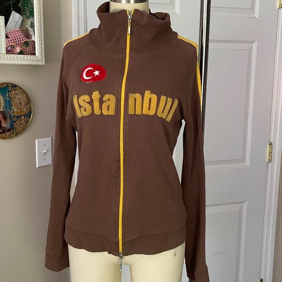 VINTAGE Y2K Raygun ISTANBUL Turkey Brown Cotton Racer Track Jacket *LARGE* - Picture 1 of 5